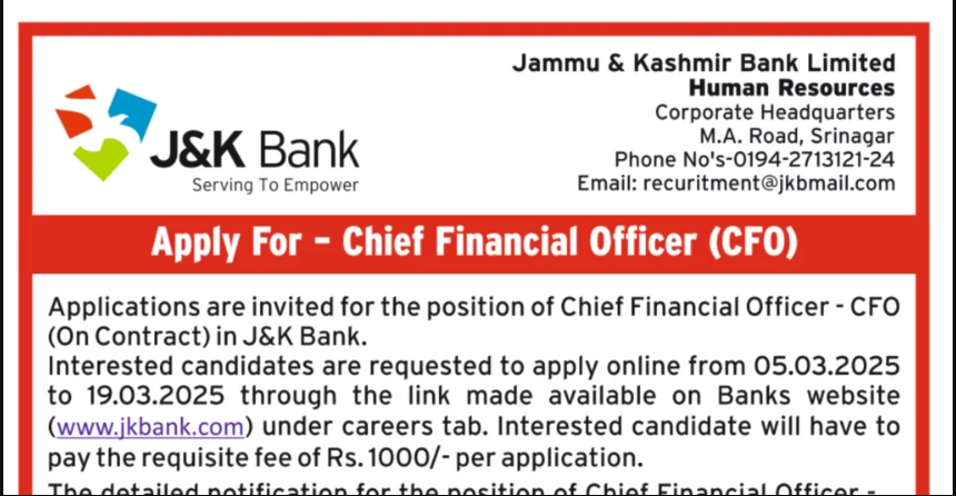 JK Bank CFO Recruitment 2025