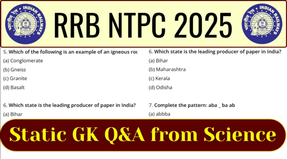 RRB NTPC Important 50 Static GK Questions and Answers from Science